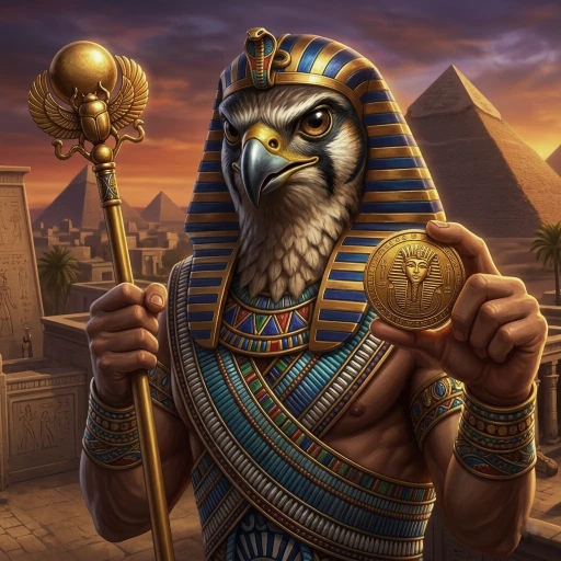 A detailed digital illustration of the Egyptian god Horus, with a falcon head and a pharaoh's headdress, holding a staff and a gold coin, with pyramids and ancient architecture in the background at sunset.